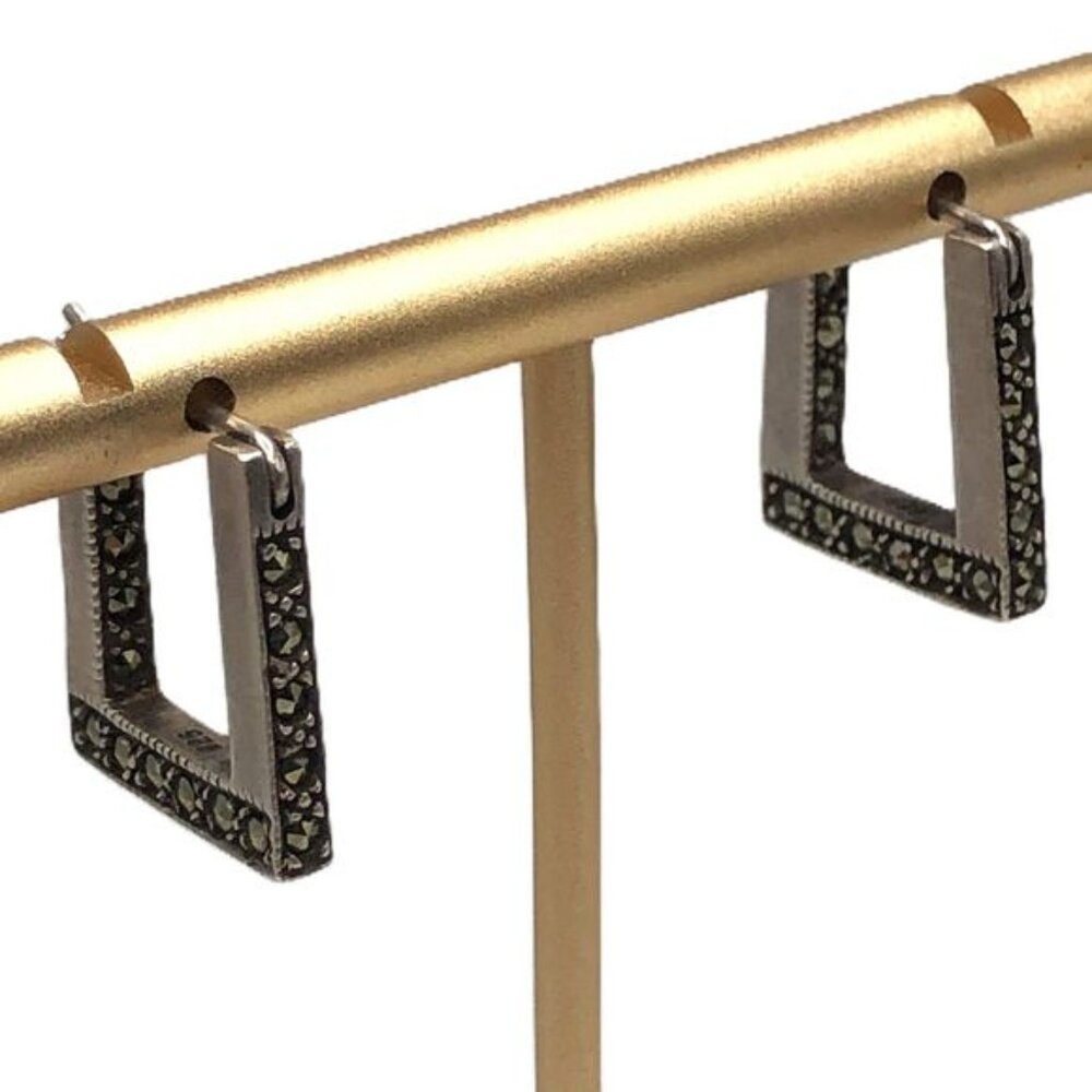 Square Hoop Earrings Sterling Silver Marcasite Glimmer Hinged Milgrain